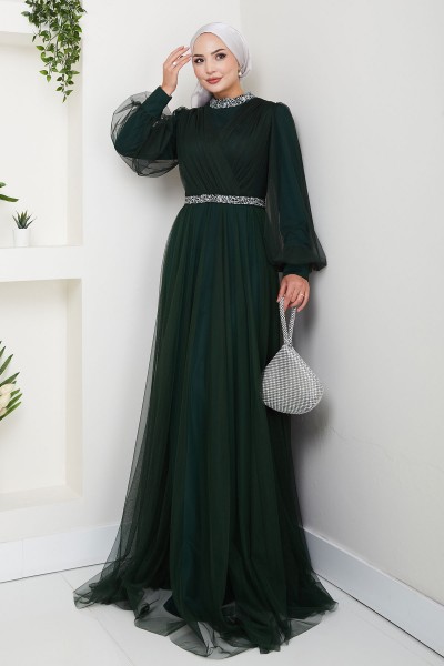 Yaka ve Bel Taş Detaylı Büyük Beden Tesettür Abiye Esna - Zümrüt